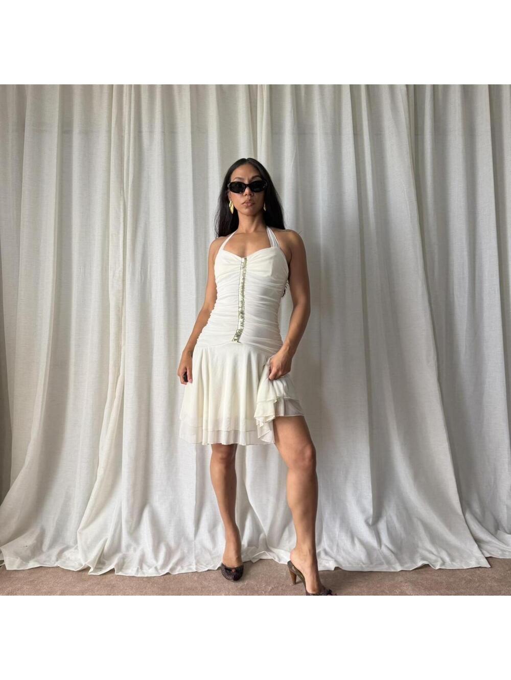 Women's White and Cream Dress